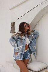 Özel Tasarım Çiçek Desenli Pullu Payetli Oversize Mavi Jean Ceket Mavi - L