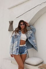 Özel Tasarım Çiçek Desenli Pullu Payetli Oversize Mavi Jean Ceket Mavi - L