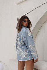 Özel Tasarım Çiçek Desenli Pullu Payetli Oversize Mavi Jean Ceket Mavi - L