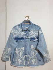 Özel Tasarım Çiçek Desenli Pullu Payetli Oversize Mavi Jean Ceket Mavi - L