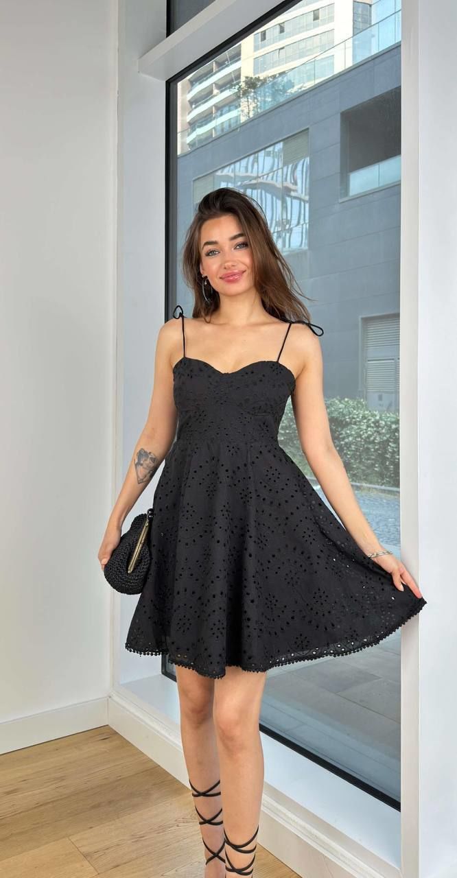 Bağlamalı İnce Askılı Sırtı Lastikli Güpürlü Fisto Mini Elbise Siyah - XL