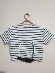 Sırtı Açık Deri Kemerli Kısa Kol Çizgili Crop Bluz Beyaz - L