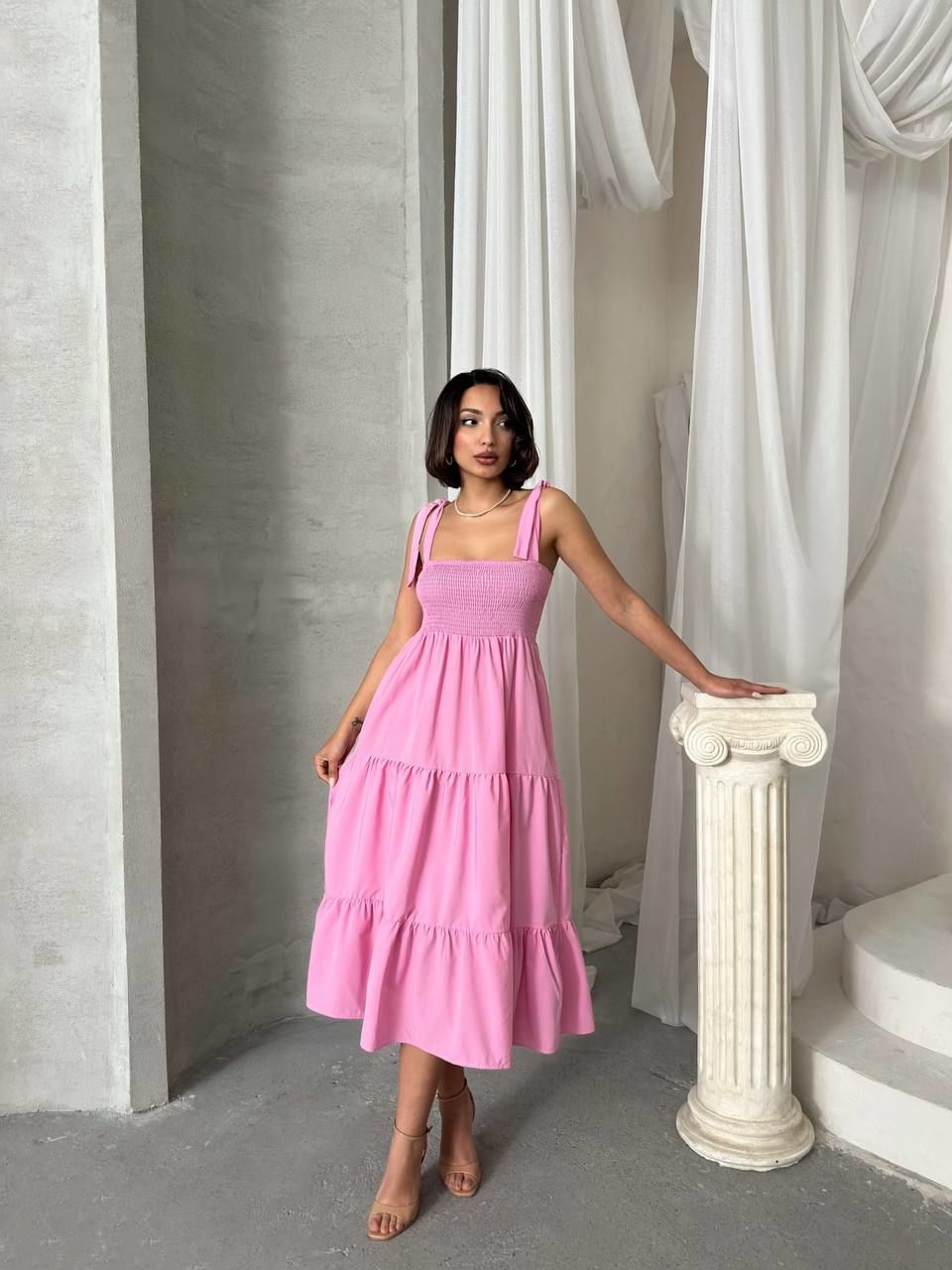 Kalın Askılı Omuzdan Bağlamalı Gipeli Dizaltı Rahat Elbise Pembe - L