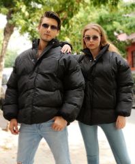 Oversize Kendinden Desenli Şişme Salaş Mont Siyah - XXXL
