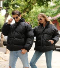 Oversize Kendinden Desenli Şişme Salaş Mont Siyah - XXXL