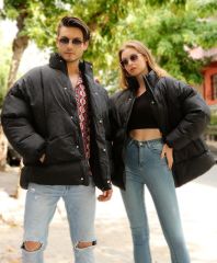 Oversize Kendinden Desenli Şişme Salaş Mont Siyah - XXXL
