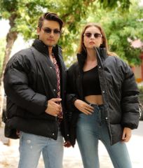 Oversize Kendinden Desenli Şişme Salaş Mont Siyah - XXXL