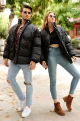 Oversize Kendinden Desenli Şişme Salaş Mont Siyah - XXXL