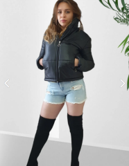 Kadın Dik Yaka Cepli Kısa Şişme Mont Siyah Siyah - XL