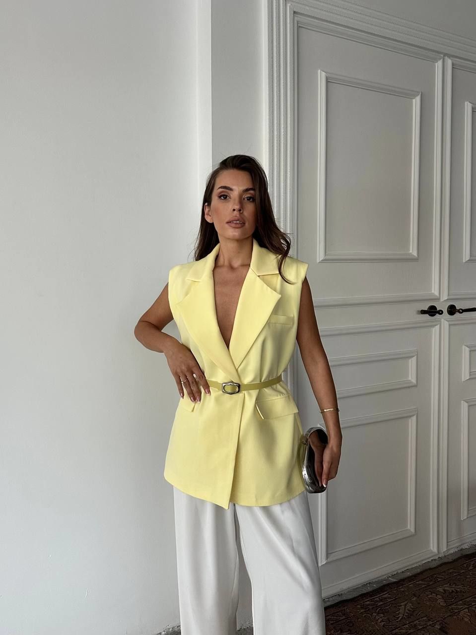 Oversize Salaş Kemerli Blazer Yelek Sarı - M