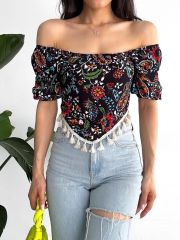 Madonna U Yaka Üçgen Püsküllü Çiçekli Crop Bluz Siyah - XL