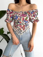 Madonna U Yaka Üçgen Püsküllü Çiçekli Crop Bluz Bej - XL