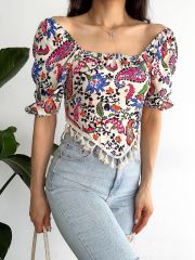 Madonna U Yaka Üçgen Püsküllü Çiçekli Crop Bluz Bej - XL
