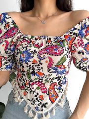 Madonna U Yaka Üçgen Püsküllü Çiçekli Crop Bluz Bej - XL