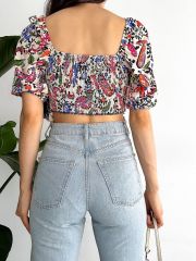 Madonna U Yaka Üçgen Püsküllü Çiçekli Crop Bluz Bej - XL