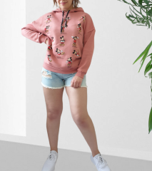 Baskılı Bol Kesim Oversize Kapşonlu Sweat Beyaz Pudra - L
