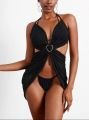 Tokalı Taşlı Pareo Bikini 3 lü Takım Siyah - L