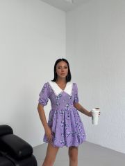 Bebe Yaka Kısa Kol Çiçekli Mini Balon Elbise Lila - S