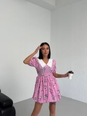 Bebe Yaka Kısa Kol Çiçekli Mini Balon Elbise Pembe - L