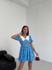 Bebe Yaka Kısa Kol Çiçekli Mini Balon Elbise Mavi - S