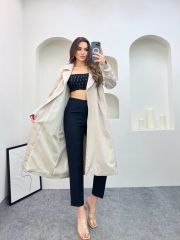 Kuşaklı Vatkalı Düz Trençkot Bej - L
