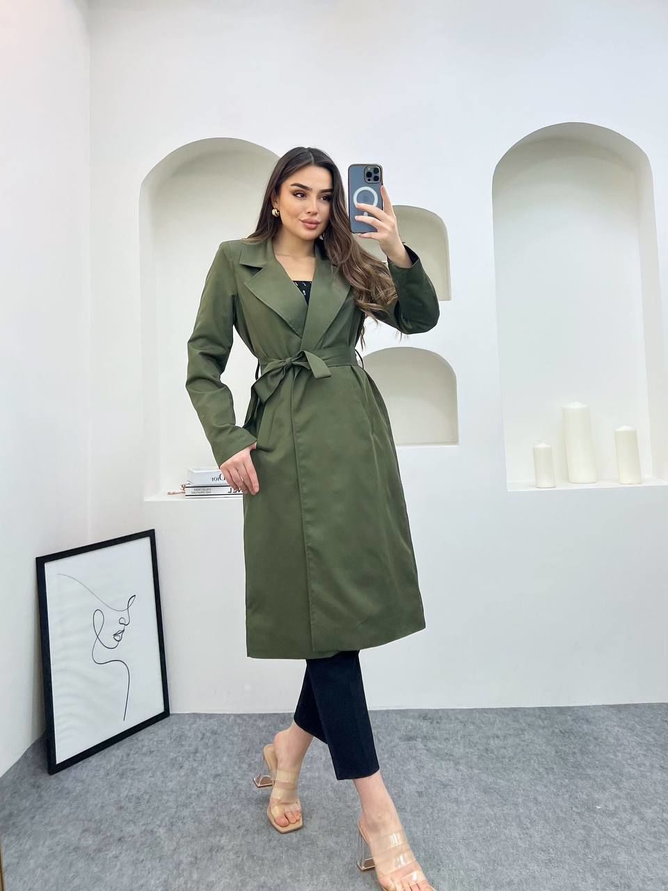 Kuşaklı Vatkalı Düz Trençkot Haki - L