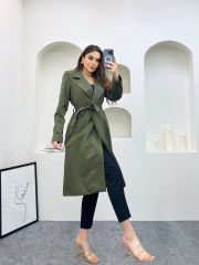 Kuşaklı Vatkalı Düz Trençkot Haki - L