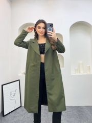 Kuşaklı Vatkalı Düz Trençkot Haki - L