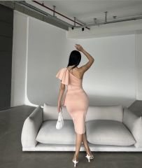 Omuz Ve Eteği Fırfırlı Dizde Tek Omuz Elbise Siyah Pudra - XXXL