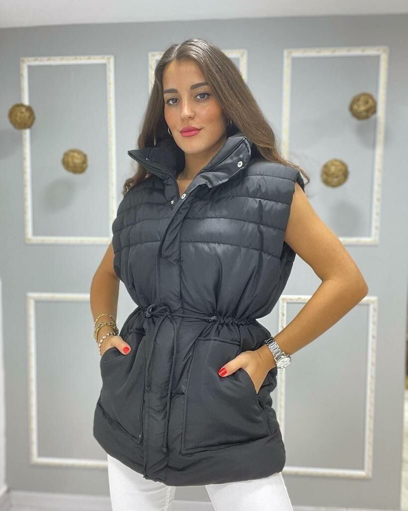 Önden Cepli Belden Büzgülü İpli Kalın Oversize Şişme Yelek Siyah - L