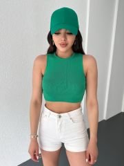 Bisiklet Yaka Sıfır Kol Triko Crop Bluz Yeşil Yeşil - S-M