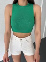 Bisiklet Yaka Sıfır Kol Triko Crop Bluz Yeşil Yeşil - S-M