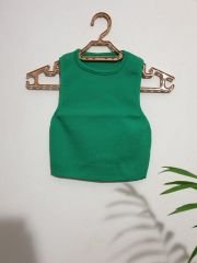 Bisiklet Yaka Sıfır Kol Triko Crop Bluz Yeşil Yeşil - S-M
