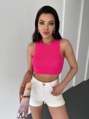 Bisiklet Yaka Sıfır Kol Triko Crop Bluz Yeşil Fuşya - S-M