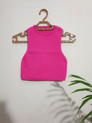Bisiklet Yaka Sıfır Kol Triko Crop Bluz Yeşil Fuşya - S-M