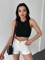 Bisiklet Yaka Sıfır Kol Triko Crop Bluz Yeşil Siyah - S-M