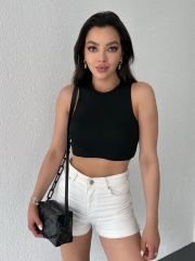 Bisiklet Yaka Sıfır Kol Triko Crop Bluz Yeşil Siyah - S-M