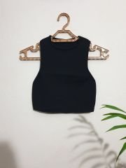 Bisiklet Yaka Sıfır Kol Triko Crop Bluz Yeşil Siyah - S-M