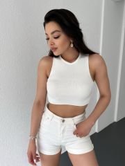 Bisiklet Yaka Sıfır Kol Triko Crop Bluz Yeşil Beyaz - S-M