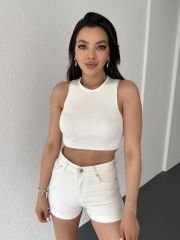 Bisiklet Yaka Sıfır Kol Triko Crop Bluz Yeşil Beyaz - S-M