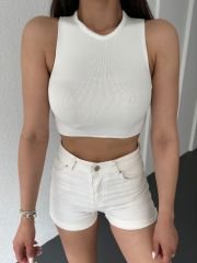 Bisiklet Yaka Sıfır Kol Triko Crop Bluz Yeşil Beyaz - S-M