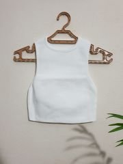 Bisiklet Yaka Sıfır Kol Triko Crop Bluz Yeşil Beyaz - S-M