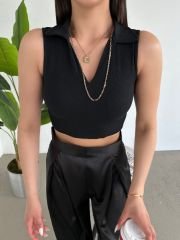 Gömlek V Yaka Sıfır Kol Triko Crop Bluz Siyah Siyah - S-M