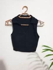 Gömlek V Yaka Sıfır Kol Triko Crop Bluz Siyah Siyah - S-M