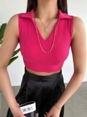 Gömlek V Yaka Sıfır Kol Triko Crop Bluz Siyah Fuşya - S-M