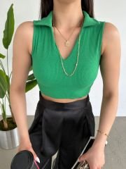 Gömlek V Yaka Sıfır Kol Triko Crop Bluz Siyah Yeşil - S-M