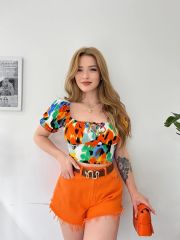 Madonna Yaka Önden İpli Bağcıklı Gipeli Kısa Kol Desenli Bluz Turuncu - S
