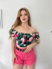 Madonna Yaka Önden İpli Bağcıklı Gipeli Kısa Kol Desenli Bluz Yeşil - S