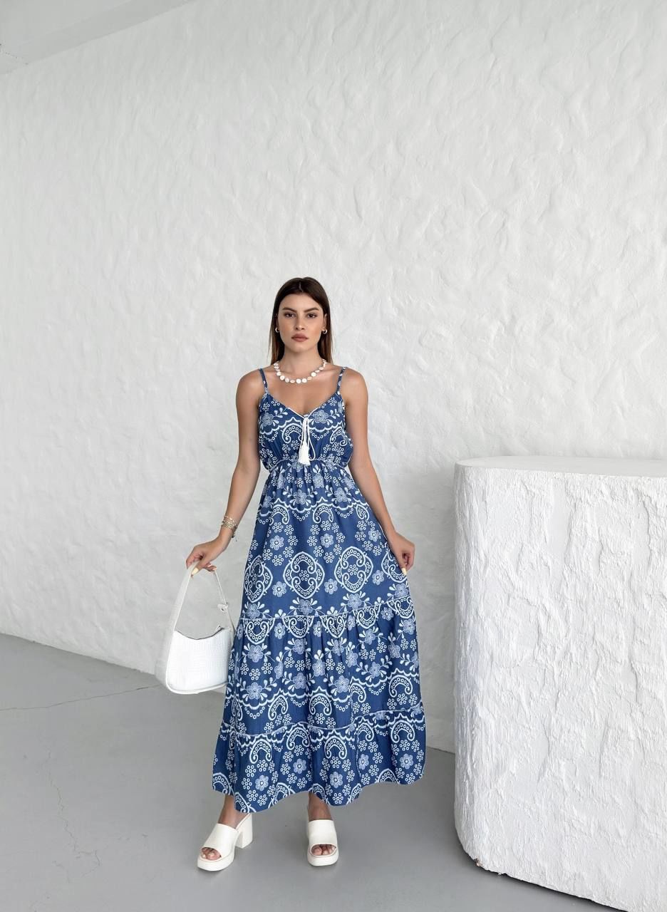 İnce Askılı Beli Lastikli Püsküllü Etnik Desenli Maxi Mavi Elbise Mavi - XL