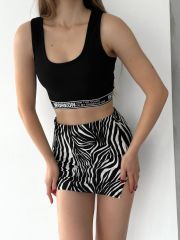 Kalın Askılı Fitilli Yazılı Beli Lastikli Crop Siyah - M